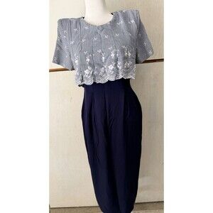 Vintage Brioche California Navy Blue Lace Gingham Midi Dress Women 9/10